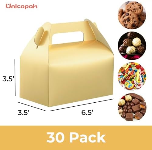 UnicoPak 30 Pack Gold Gable Treat Boxes, Party Favor Boxes, Gift Boxes for Kids, for Snacks, Candy, Toys, Birthday Party, Wedding, Halloween, Christmas – 6.5x3.5x3.5 Inches