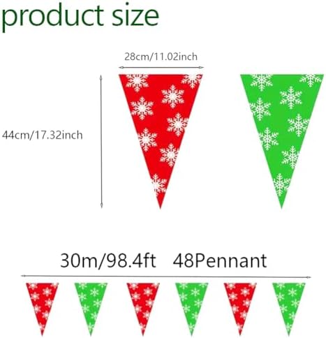 99Ft Christmas Pennant Banner Flags String Hanging Green and Red Garland with White Snowflakes Triangle Bunting Flags Party Decor for Winter Xmas Party Events Grand Opening Yard Decorations