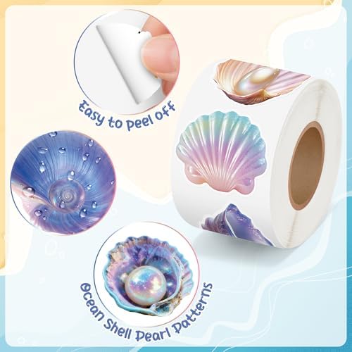 H1vojoxo Fantasy Seashell Sticker Rolls - 1000PCS Summer Decorative Aesthetic Sea Animal Ocean Shell Pearl Stickers for Kid 16 Styles Ocean Starfish Shell Vinyl Decals for Scrapbook Craft Water Bottle