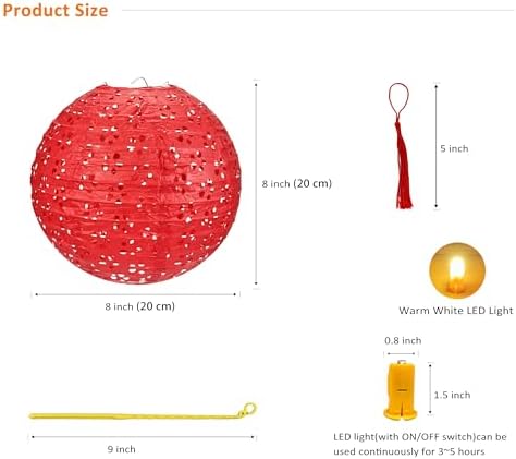 10Pack Paper Lanterns Chinese Japanese Hanging Paper Lanterns with LED Lights Sticks Tassels 8 Inch Round for Chinese Lunar New Year Decorations 2026 Spring Festival Wedding Asian Home Party Decor