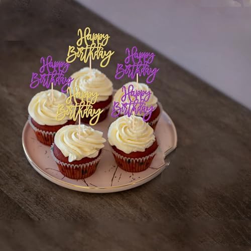 24 PCS Happy Birthday Cupcake Toppers Glitter Happy Birthday Cupcake Picks for Celebrating Anniversary Theme Party Cake Decorations Supplies Gold Purple