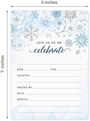 Canopy Street Faux Glitter Winter Party Fill In Invitations / 25 Snowflake Invites With White Envelopes / 5" x 7" Elegant Snow All Occasion Event Invites/Made In The USA