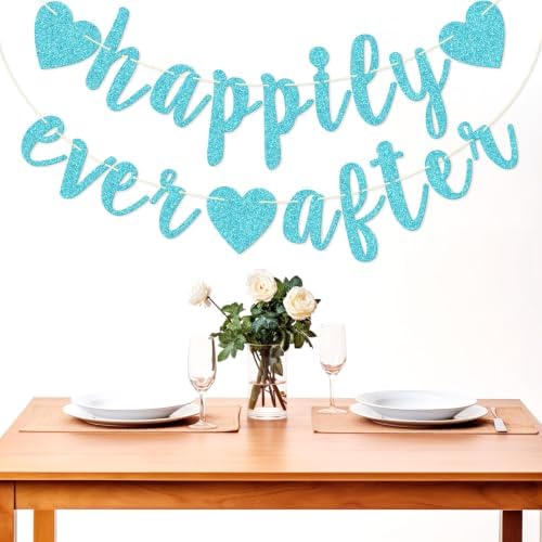 Happily Ever After Glitter Bunting Banner, Engagement, Bridal Shower, Wedding Party Photo Booth Props Signs,Pre-Strung Cursive Bunting (Blue)