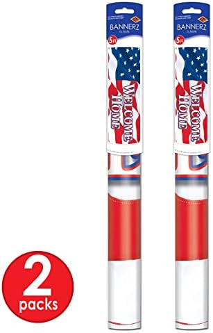 Beistle Welcome Home Sign Banners, 21” x 5’, 2 Pack – Service Personnel Homecoming Decorations, Welcoming Party Supplies for Indoors & Outdoors, American Flag Themed Décor with Stars & Stripes