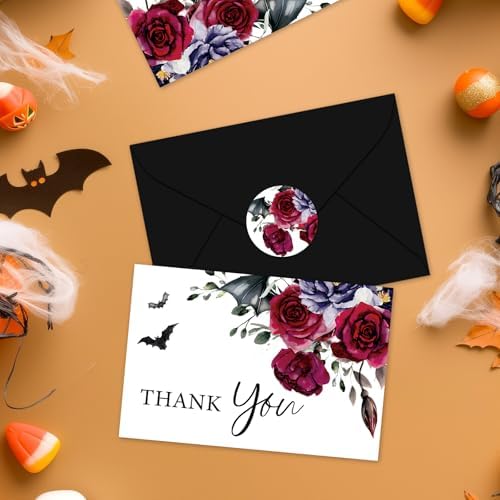 Whaline 36Pcs Halloween Thank You Cards with Envelopes Stickers Blood Red Flower Bat Greeting Cards Blank Note Card for Halloween Birthday Wedding Party Supplies