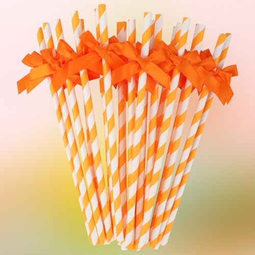 24 Packs Orange Bow Biodegradable Striped Paper Straws, Orange and White Disposable Drinking Straws for Birthday Carnival Summer Pool Party Wedding Baby Shower Halloween Party Decoration Supplies