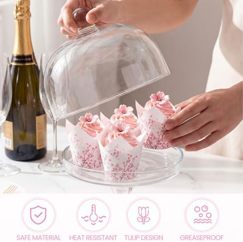 Maxdot 200 Pcs Cherry Blossom Tulip Cupcake Liners for Baking Cherry Blossom Paper Muffin Baking Cups Pink Flower Tulip Muffin Liners Wrappers for Bridal Showers Wedding Tea Birthday Party