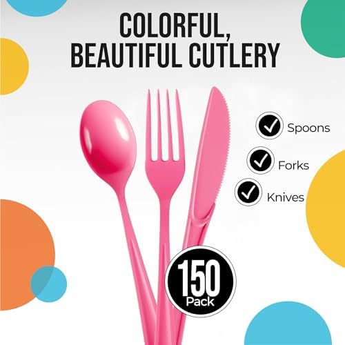 Party Solids Hot Pink Plastic Silverware 150 Pcs Hot Pink Cutlery Set