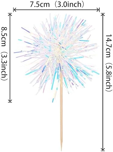 30 PCS Foil Firework Cupcake Toppers Happy Birthday Cupcake Toppers Sparkle Tinsel Flower Drink Stirrers Cocktail Fruit Toothpicks for Valentine's Day Baby Shower Party Cake Decor Supplies White