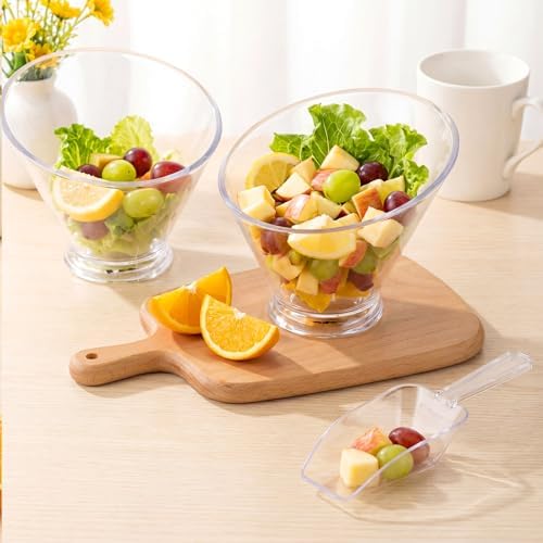 LemonRoad 6 Pcs Clear Plastic Serving Bowls with Scoops, Candy Bowls for Party Table, Disposable Angled Buffet Containers Dishes for Salad Fruit Snacks Appetizer Bar Catering Supplies(19oz)