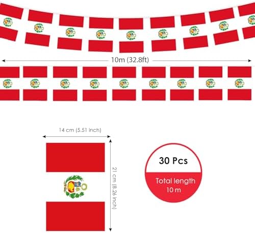 AhfuLife 30 Pcs Peru String Flags for Independence Day Decorations, Small Peruvian Flag Bunting Banner - Double Sided for National Day Festival Party Decorations (5.5×8.3 Inch-33 Ft)