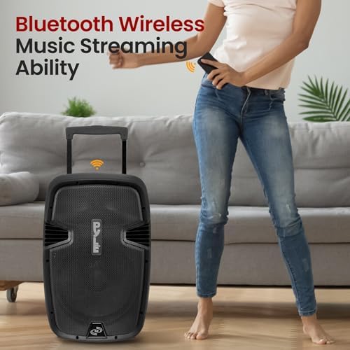 Pyle Portable Bluetooth PA Speaker System - 1000W Wireless Karaoke Loudspeaker with 12” Subwoofer, USB/SD/MP3/FM - Includes Dual UHF Mics, Remote, Rolling Wheels - Ideal for Parties, Events, Outdoors