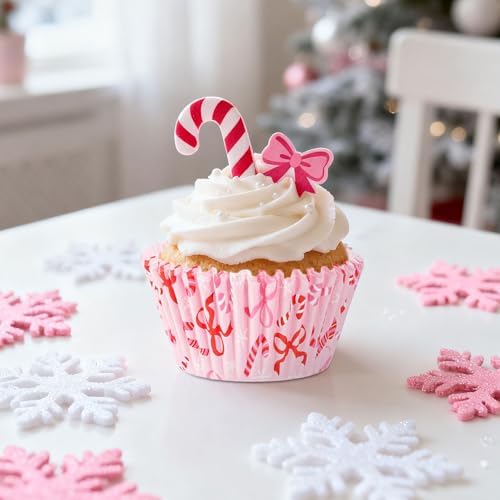 FYSUIMU 300Pcs Christmas Cupcake Liners Xmas Pink Bow Candy Paper Baking Cups Standard Muffin Cupcake Wrappers for Winter Holiday Birthday Wedding Party Supplies Table Decor
