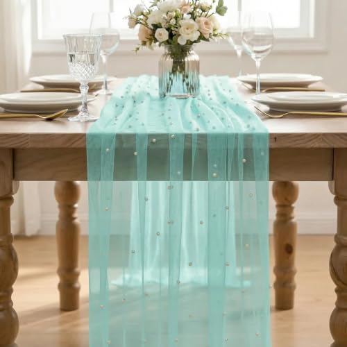 Artoid Mode 3-Pack Pearl Turquoise Gauze Table Runner 10FT Home Decor