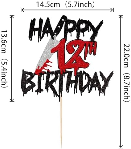 1 PCS Happy 12th Birthday Cake Topper Black Glitter Cheers to 12 Years Horror Blood Knife Have a Killer Birthday Cake Pick for Halloween Killer 12th Birthday Party Cake Decorations Supplies