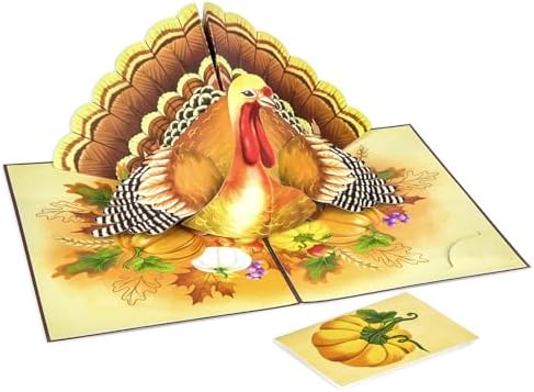 POPWOW Thanksgiving Turkey Pop Up Card, Pumpkin, Give Thanks, 3D Popup Greeting Cards, Gifts for Mom, Grandma, Girl, Women, Fall Table Decorations, 5x7 - Includes Envelope And Message Note