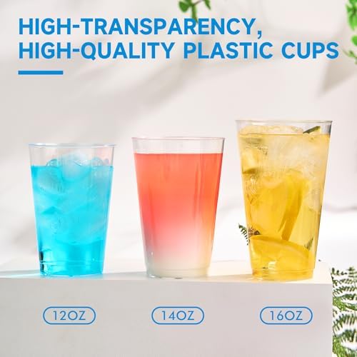 RACETOP 14 oz 200 Pack Disposable Plastic Cups, Disposable Clear Plastic Cups for Parties, Weddings, Gatherings, and Festival Events