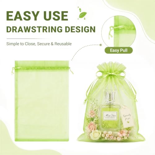 FUNFERY 100PCS Apple Green Organza Gift Bags 5x7in,Drawstring Jewelry Pouch