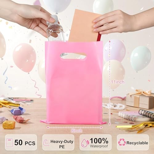 VieFantaisie 50 PCS Pink Party Favor Bags, 8" x 11" Goodie Bags for Candy Treat Craft Easter Egg, Plastic Gift Bag with Die Cut Handles for Birthday Party, School Events & Small Business, Wedding