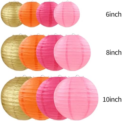 Pink Orange Gold Paper Lanterns Party Decorations, Round Hanging Paper Lanterns for Wedding Birthday Home Classroom Party Supplies (12 PCS)