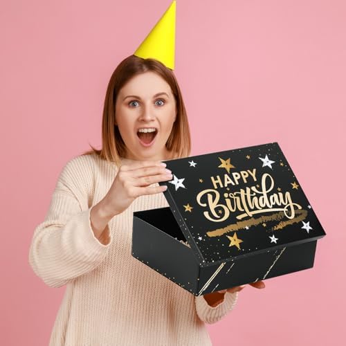 Ctosree Black Happy Birthday Gift Box with Lid for Presents, 13.5 x 10 x 4 Inch Gold Black Large Luxury Star Foldable Cardboard Box for Gift Packing, Contains Card, Envelope, Ribbon, Raffia Grass