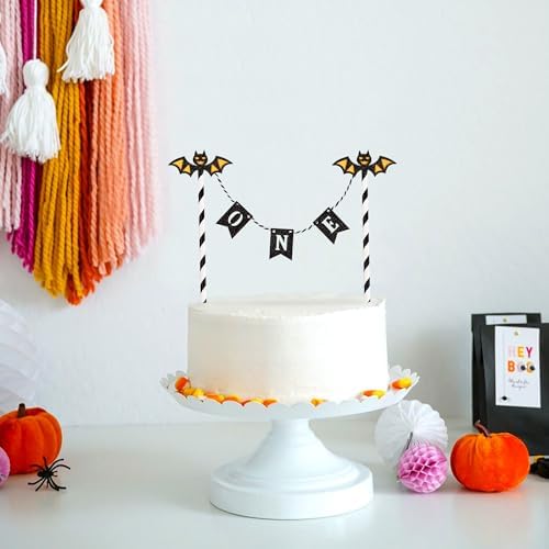 Ercadio 5Pcs Halloween Bat One Banner Cake Toppers Bats One Cake Picks for Baby Shower Happy Halloween Day Theme Birthday Party Cake Decoration Supplies