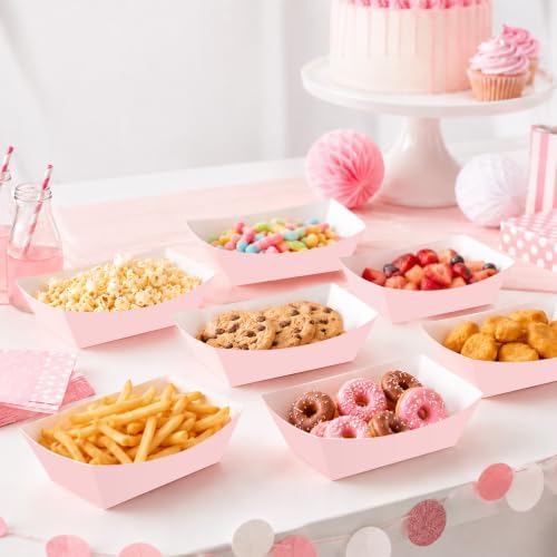 100 Pcs Pink Paper Food Trays, Pre-Folded Disposable Snack Boats for Popcorn, Candy, Fries, Nachos, Desserts, Pink Party Supplies for Birthday, Baby Shower, Bridal Shower, Dessert Table