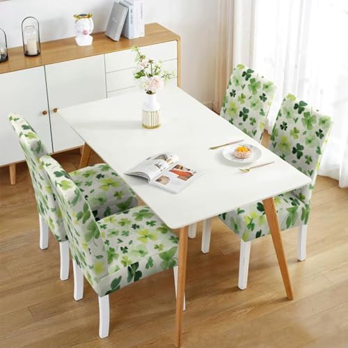 St Patricks Day Chair Covers Set of 4, Green Four Leaf Clover Dining Chair Covers, Elastic Removable Washable Dining Chair Covers for St. Patricks Day Kitchen Dining Room Holiday Party Decor
