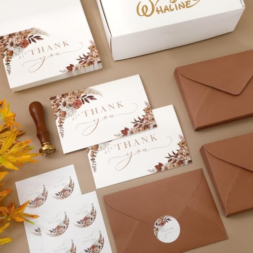 Whaline 100Pcs Fall Floral Thank You Cards with Envelopes Stickers Boxed Greeting Cards Watercolor Boho Flower Leaves Note Card for Autumn Thanksgiving, 4 x 6 Inch