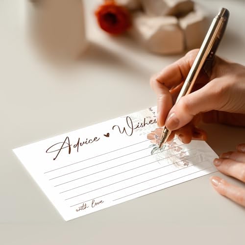 Boho Wedding Advice and Wishes Cards with Wood Box - 60 Pack 250GSM Pampas Grass Mr and Mrs Message Cards - Terracotta Bridal Shower Decorations, Engagement Party Guest Book Alternative