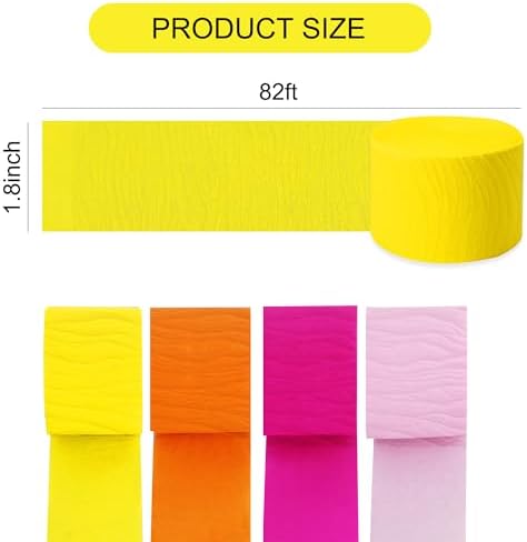 BEISHIDA 8 Rolls Yellow Orange Pink Crepe Paper Streamers for Hippie Retro Boho Sunset Fall Thanksgiving Theme Party Decorations Wedding Birthday Baby Shower DIY Craft Paper(1.8 Inch x 82 Ft/Roll)
