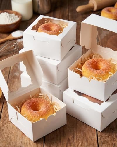 qiqee Bakery Box with Window 4x4x2.5 4*4*2.5inch/100Packs White Macaron Boxes Small Donut Pastry Boxes for Party Mini Cookie Boxes(5 Diferent Gift Include)