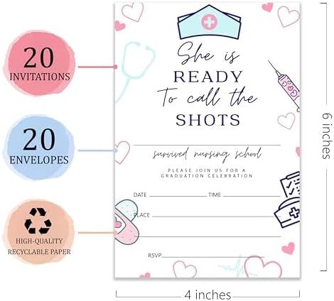 4x6 2026 Nursing School Graduation Invitations (20 Cards + 20 Envelopes) - ‘She’s Ready To Call The Shots’ Nurse Grad Party Invites.(017)
