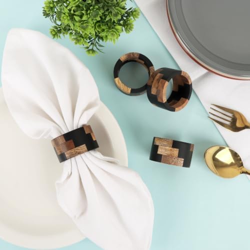 Wooden Napkin Rings - Set of 12 Wood Napkin Holders for Modern Tabletop Decor, Perfect for Weddings, Parties, Special Events & Everyday Dining (Black Natural) - ALPHA Living HOME
