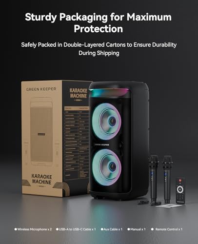 GKD60 Karaoke Machine with 2 Wireless Microphones for Adults, Portable Bluetooth Party Speaker, 500W Peak Power PA System with LED Disco Lights, 6.5'' Speaker Big Sound, 8000mAh Battery for Outdoor