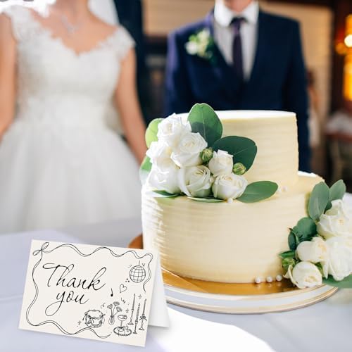 Whaline 50 Pack Wedding Thank You Cards Vintage Black Bow Cake Thank You Blank Note Card Greeting Cards with Envelope Sticker for Bridal Shower