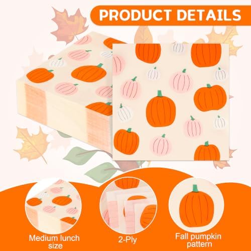 100 Pcs Pink Orange Fall Pumpkin Paper Luncheon Napkins, 6.5in