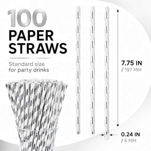 ALINK Silver Foil Striped Paper Straws, 100 Pack Party Straws, 7.75 Inch