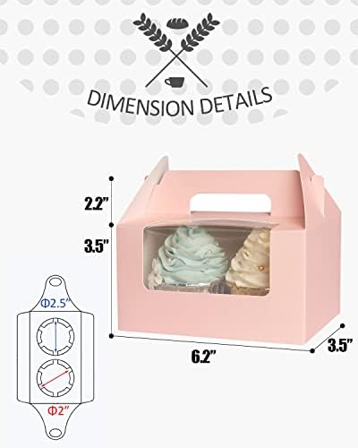 qiqee Pink Cupcake Box Two Holder 6.5x3.6x3.5inch(2.2" Top) 50pcs 2 Cupcake Boxes With Window