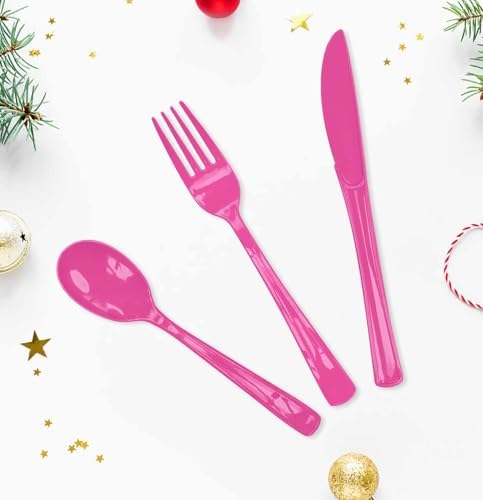 HEIPINIUYE 75 Pack Hot Pink Plastic Cutlery Heavy Duty Hot Pink Plastic Knives Forks and Spoons Disposable Silverware Set for 25 Guest Camping Birthday Baby Shower Party Cutlery Set