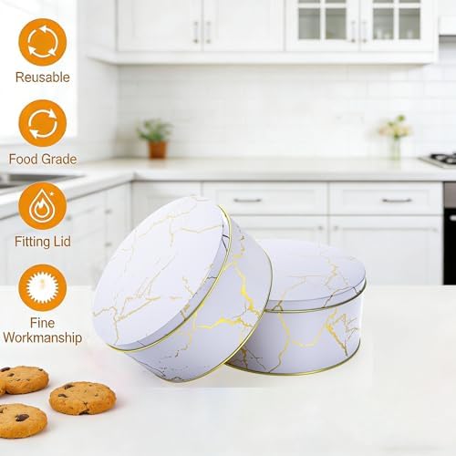 Yopay 3 Pack Cookie Tins with Lids, Round Gift Boxes for Toffee, Marbled Easter Baking Cake Containers for Valentines Gift Giving Puff Pastries Craft Supplies Metal Canister