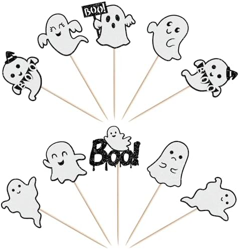 24 PCS Ghost Boo Cupcake Toppers Glitter Little Boo Ghost Cupcake Picks Halloween Party Decorations for Halloween Theme Spooky Baby Shower Kids Birthday Party Cake Decorations Supplies Black