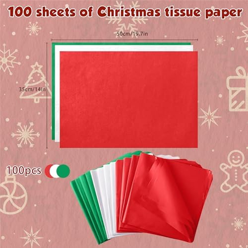 OHOME Christmas Tissue Paper - 100 Sheets 20"x14" Red Green White Wrapping Paper | Christmas Decorations Decor for Gift Bags Boxes - Xmas Navidad Holiday Party Favors Supplies