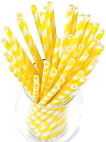 7.75" Yellow White Striped Paper Drinking Straws, Lemonade Straws 100 ct