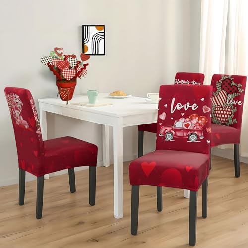 Valentines Day Chair Covers Set of 4, Valentines Decorations Stretch Removable Washable Dining Room Love Hearts Gnome Chair Protector Slipcovers Party Kitchen Home Valentine Decor (Valentine 2, 4 PCS)