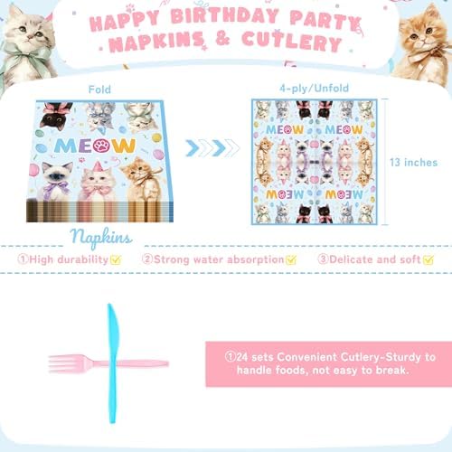 144PCS Cats Birthday Party Plates Set, Blue Pink Birthday Party Supplies