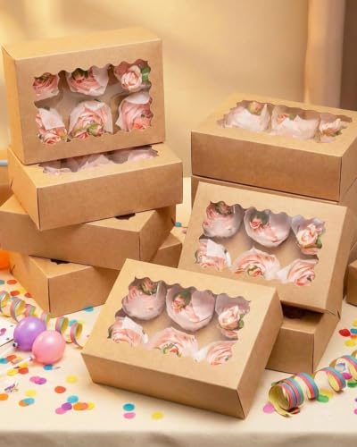 qiqee Auto-pop Up Cupcake Boxes with Window Brown 100PCS 6 Count Cupcake Box 9.4"x6.1"x3" Cupcakes Carrier, 6 Cupcake Containers