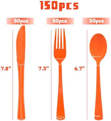 150 Pack Orange Plastic Silverware, Orange Plastic Cutlery Disposable Includes 50 Forks, 50 Spoons, 50 Knives for Birthday, Party, Holiday