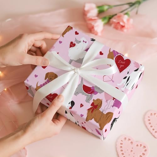 RUSPEPA Valentine's Day Golden Retriever Wrapping Paper Roll, Mini Roll, Cute Dog Pattern with Hearts and Balloons Gift Wrap for Wedding, Anniversary, Birthday, Pet Lovers, 17 Inches x 16.4 Feet