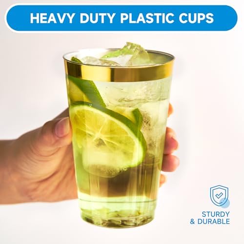RACETOP 14 oz 200 Pack Disposable Plastic Cups with Gold Rim